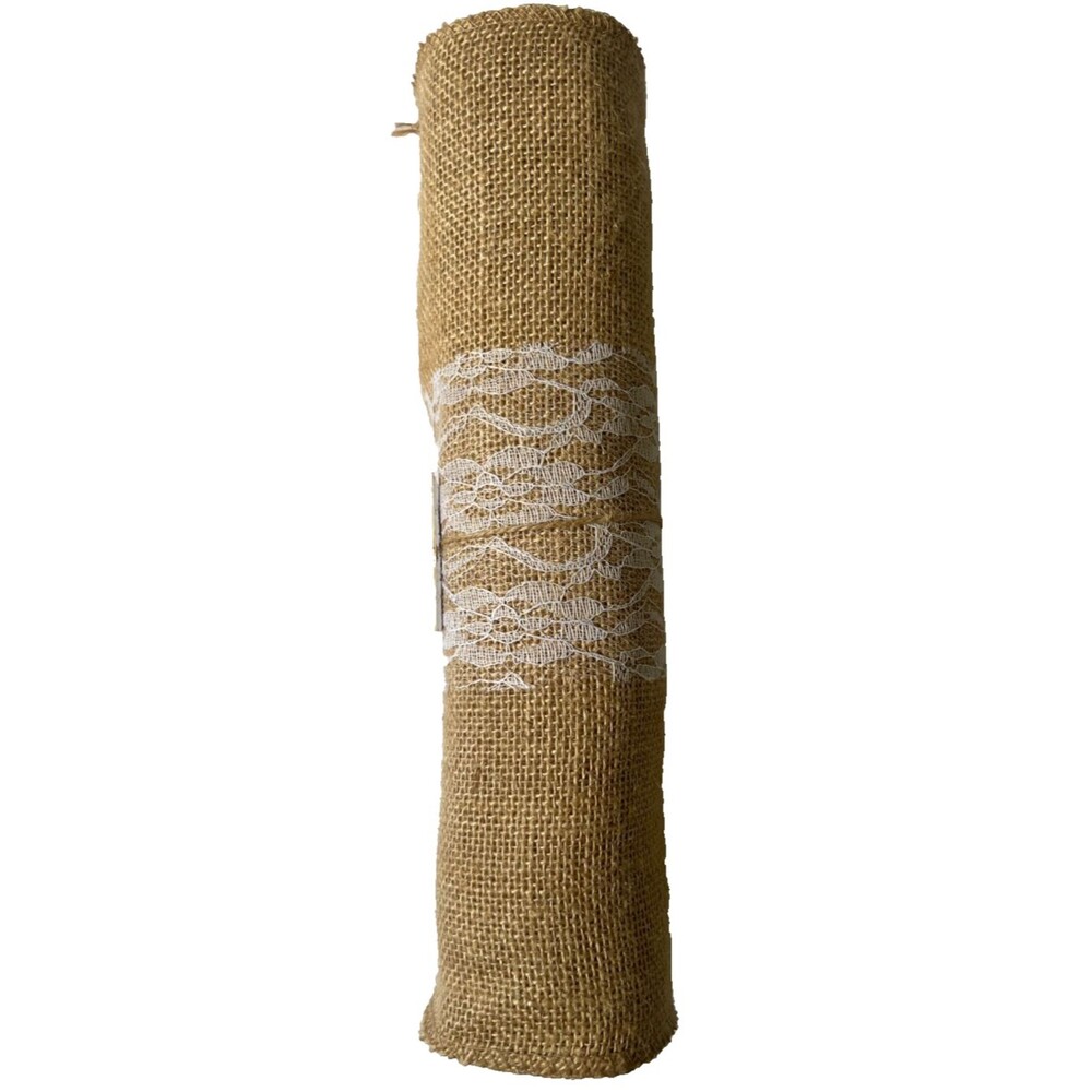 Jute Burlap  And White Floral Lace Size 12" x 10 Feet, New!!!